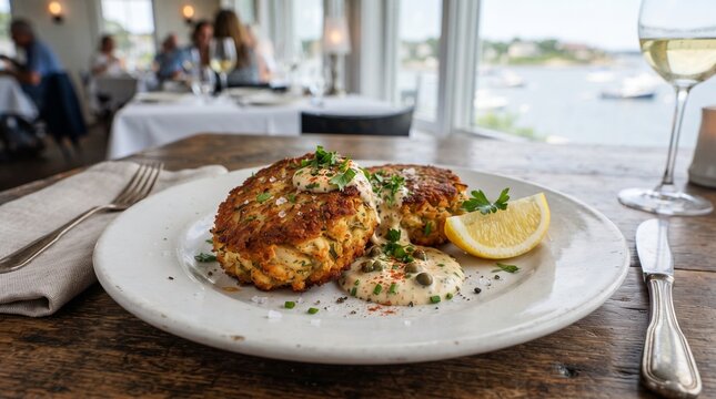 Crab cakes with remoulade sauce and lemon slice on a restaurant table  