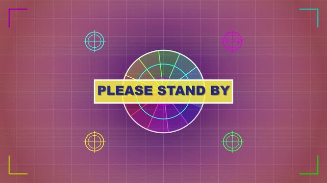 Retro television test pattern with please stand by message on static screen display