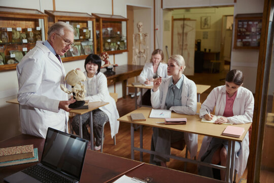 Senior Caucasian male professor holding human skull model during anatomy lecture for diverse young adult medical students. Image suitable for university education marketing materials