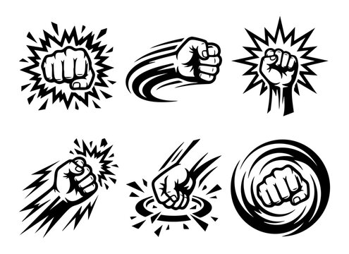 Comic book style fist icons set with punch impact motion and power explosion effects.