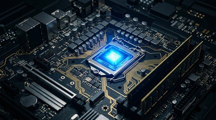 Fototapeta premium High tech futuristic motherboard features a central microchip emitting intense blue glowing light along intricate golden circuits.