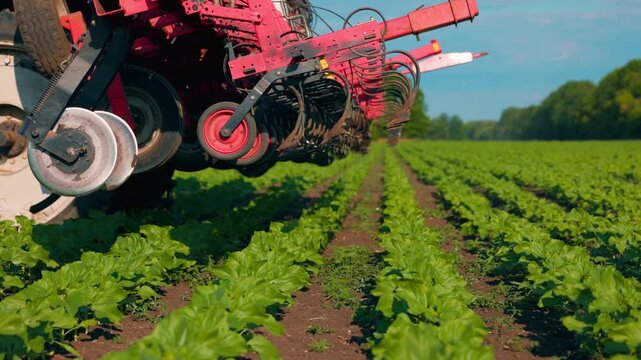 Agricultural Inter-row cultivator performing mechanical cultivation and weed control between rows of young sunflower plants in an agricultural field during the early growing season. slow motion video