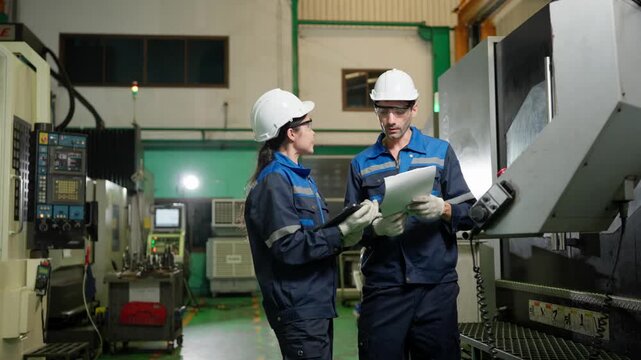 Two industrial workers discuss production tasks beside heavy machinery in a manufacturing facility, combining teamwork, technical communication, and factory operations.