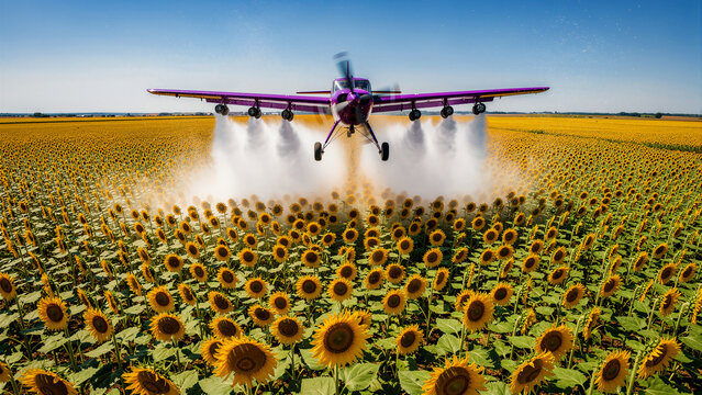 Purple crop duster airplane flying low over a field of blooming sunflowers. Agricultural aircraft spraying mist over bright yellow flowers. Precision farming and crop protection concept.
