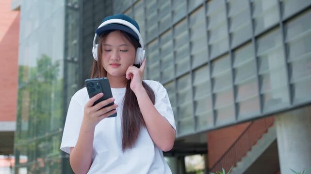 Teenager dancing with headphones and smartphone outdoors, symbolizing youth lifestyle, music enjoyment, freedom, and wellness in cheerful urban environment with modern building and daylight.