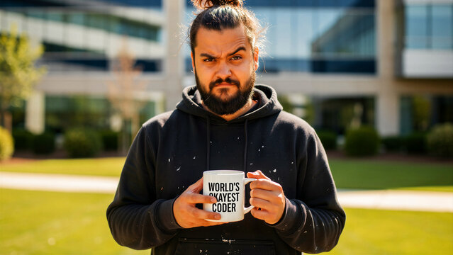 Bearded man holding a World's Okayest Coder mug near an office building. Casual developer looking skeptical outdoors at a tech campus. IT humor and startup culture concept for marketing.