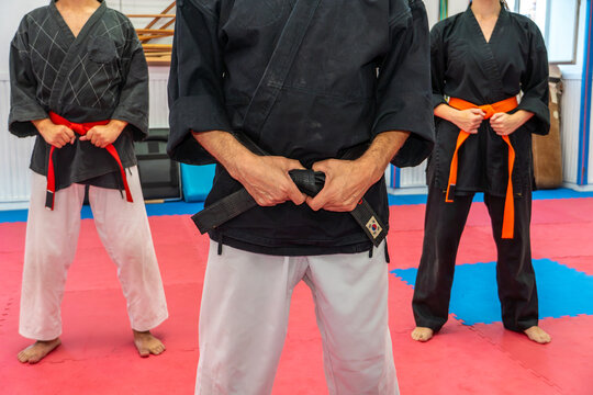 Hapkido students standing in dojang, preparing for martial arts training, showing various belt levels and uniforms