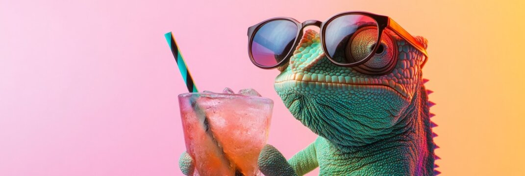Colorful lizard wearing sunglasses is holding a refreshing cocktail with a striped straw against a vibrant gradient background, embodying a fun and relaxed summer vibe