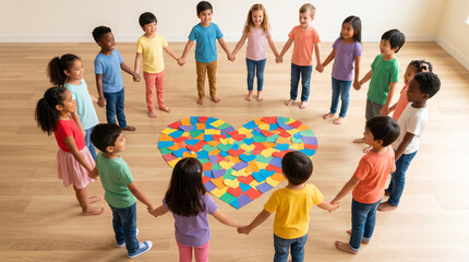 Obraz premium A diverse group of children forming a circle around a large heart made from colorful paper pieces, friendship, inclusion and belonging, clean geometric composition, Children's Day awareness campaign