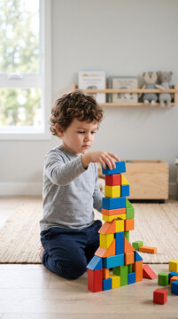 A child playing with colorful geometric building blocks and creating an imaginary tower, concentration and creativity, clean modern children's room, timeless educational toy concept, Children's Day