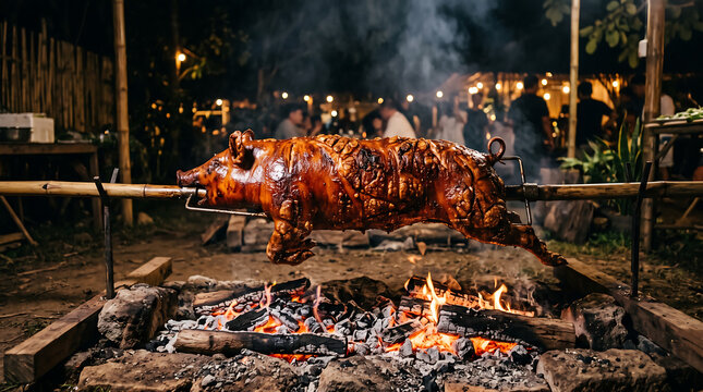 whole pig roasting on spit over open fire charcoal pit at outdoor night party traditional lechon barbecue concept
