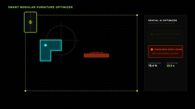 Digital Spatial AI Interface Showing Automated Modular Furniture Arrangement and Floor Plan Planning