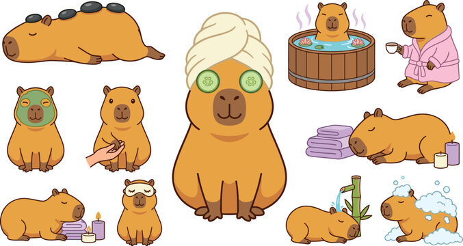 Cute capybara spa and wellness vector illustration collection featuring cartoon rodent characters relaxing with face masks hot stones towels and hot tubs isolated on white background