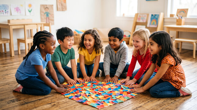 A diverse group of children forming a circle around a large heart made from colorful paper pieces, friendship, inclusion and belonging, clean geometric composition, Children's Day awareness campaign