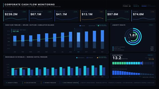 Cinematic 4K corporate cash flow analytics dashboard with KPI cards, blue inflows, emerald outflows, and cumulative balance curve for executive treasury reporting.