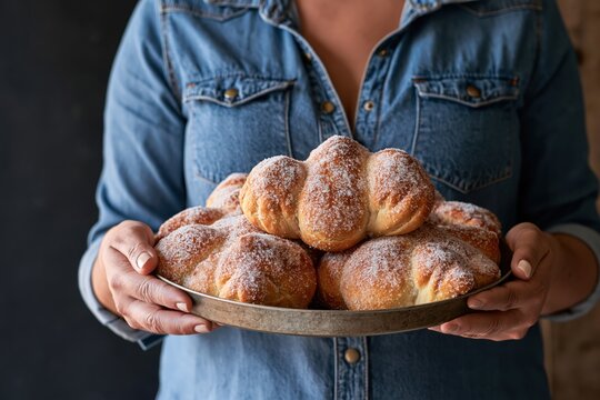 Woman in denim dress holding mexican bread of the dead Pan de muetros