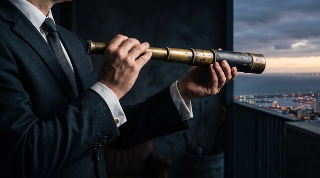 Businessman in dark suit holding vintage brass telescope looking out over city harbor at dusk, symbolizing vision, future planning, and strategic foresight, leadership