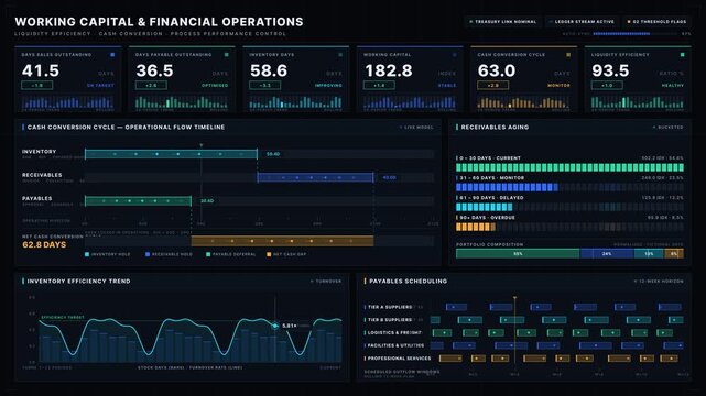 Executive corporate financial dashboard showing working capital KPIs with cash conversion cycle visualization in graphite-black and deep navy tones. professional stock footage for technology,.