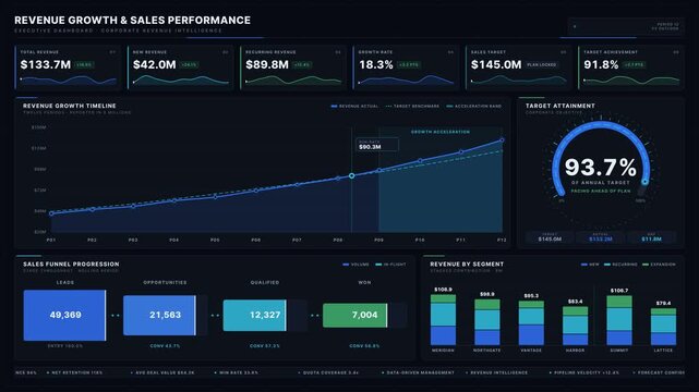 Sleek 4K executive revenue analytics dashboard animation with dynamic KPI cards, animated growth timeline, sales funnel, and target attainment gauge. professional stock footage for technology,.