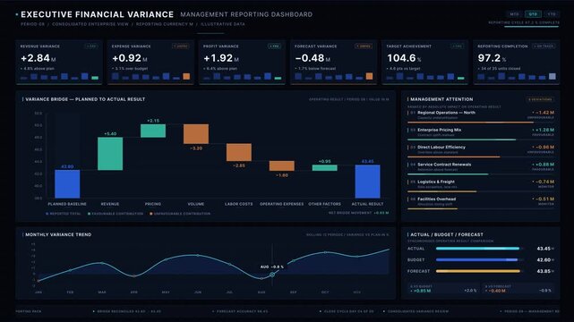 Premium 4K executive financial variance analysis dashboard with KPI cards, waterfall chart, and trend line for CFO board reporting. professional stock footage for technology, business, and editorial.