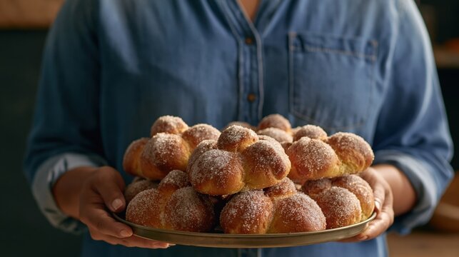 Woman in denim dress holding mexican bread of the dead Pan de muetros