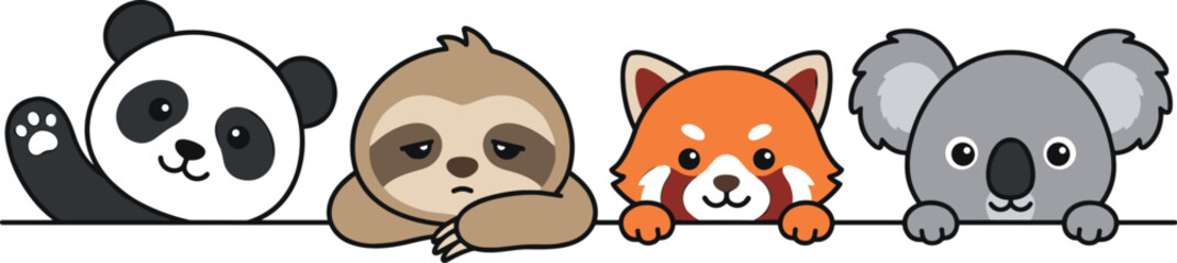 Naklejka premium Cute exotic animals peeking over border vector illustration collection featuring cartoon panda bear sloth red panda and koala faces isolated on white background for children graphic design