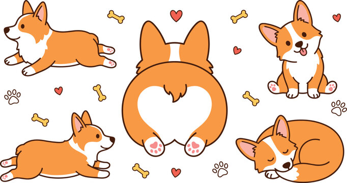 Cute corgi dog cartoon character collection set featuring playful Welsh corgi puppy stretching sitting sleeping and fluffy butt illustrations isolated on white background