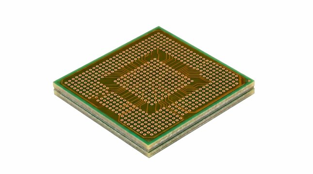 Detailed square central processing unit showing complex gold metallic circuitry patterns on a green resin board isolated on white background
