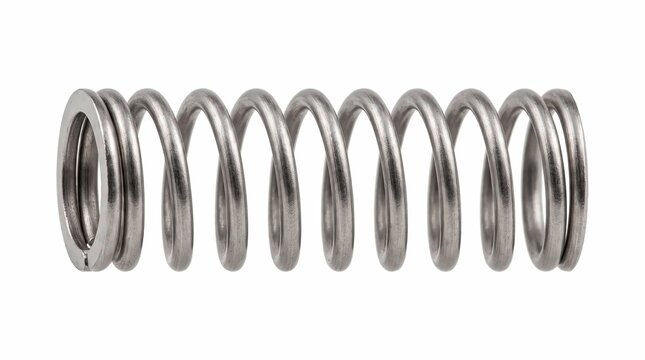 Industrial helical coil spring crafted from polished stainless steel resting horizontally against a pure white background for mechanical engineering applications