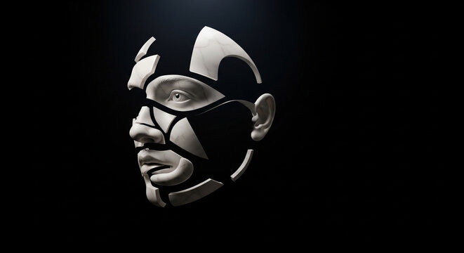 Futuristic robotic face with metallic mask and black background