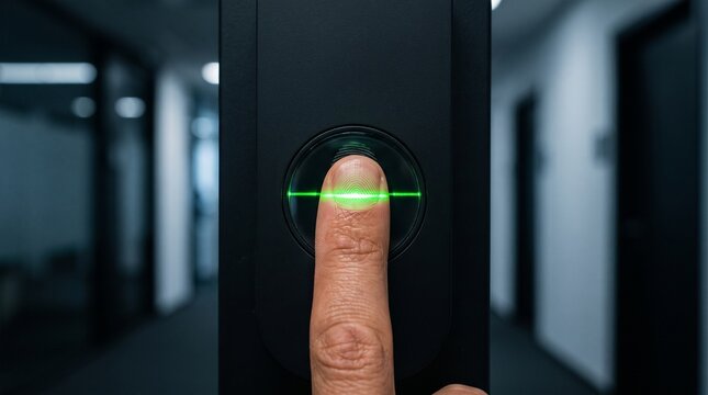 Finger scanning on a biometric fingerprint reader in an office corridor