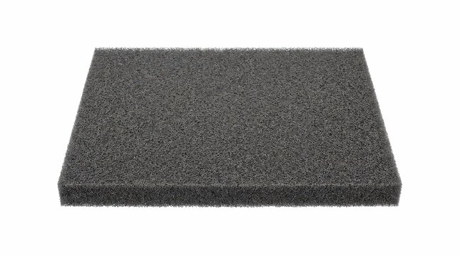 Grey porous foam square sheet isolated on white background showing textured material used for soundproofing filtration and various industrial applications
