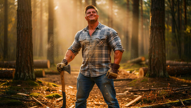 Strong lumberjack standing with an axe in a sunlit forest. Muscular man in a plaid shirt posing among logs and pine trees. Forestry labor and masculine strength concept, ideal for outdoor branding.