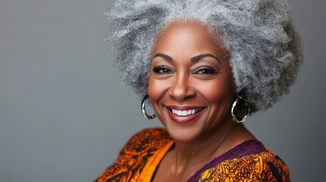 African American woman with gray curly hair, wearing colorful patterned attire, smiles warmly, showcasing her joyful expression and vibrant personality in a close-up portrait