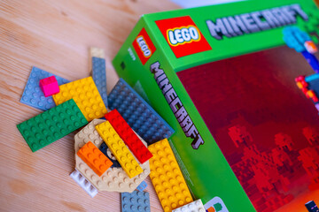 Naklejka premium LEGO Minecraft box, multicolored plastic bricks, Colorful toy set, building blocks, development fine motor skills, play time, creative activity product detail, brand identity, creating something new