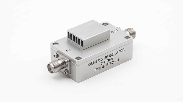 Silver metallic radio frequency isolator component featuring SMA connectors and cooling fins on a clean isolated plain white studio background