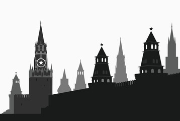 Fototapeta premium Grayscale silhouette of the Moscow Kremlin towers and fortress walls against white background, vector illustration.