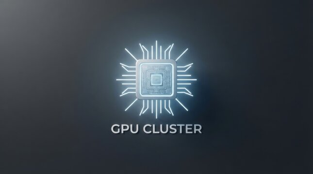 Glowing GPU Cluster Processor Icon with Circuit Rays on Dark Gray Background