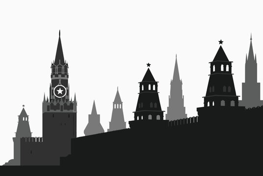 Grayscale silhouette of the Moscow Kremlin towers and fortress walls against white background, vector illustration.