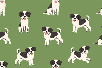 Naklejka premium Seamless pattern features cute black and white spotted puppies in various playful poses across a green background.
