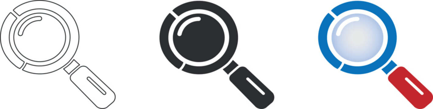 A set of three distinct magnifying glass search icons displayed in line art, solid dark, and modern colorful gradient styles for professional interface design projects, isolated on a white background