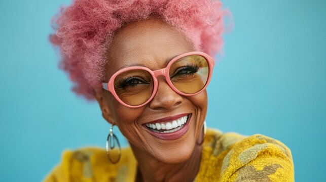 African American woman with vibrant pink hair and stylish glasses smiles joyfully against a bright blue background, showcasing confidence and personality in a cheerful atmosphere