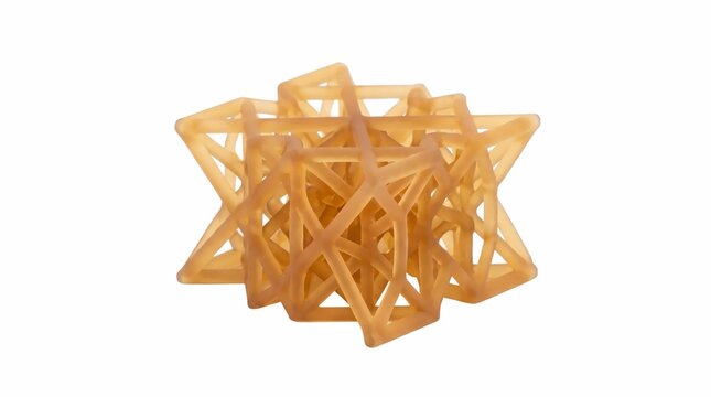 Translucent geometric lattice structure created with precise additive manufacturing technology showing complex interconnected beige resin beams on white studio background