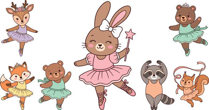 Cute ballerina animals vector collection featuring cartoon bunny deer bear fox raccoon and squirrel ballet dancers wearing tutus isolated on white background for kids nursery graphic design
