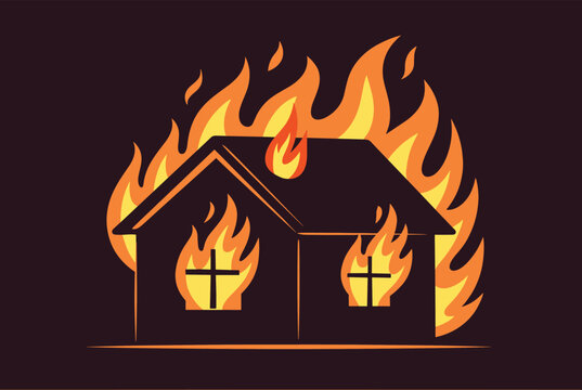 Small house silhouette is completely engulfed in massive, raging orange and yellow fire flames against a dark background.