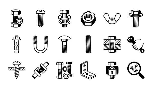 Bolt Nut Fastener Screw Mechanical Engineering and Industrial Hardware Multiple Style Black White Icon Collection