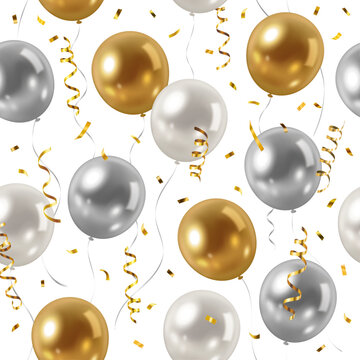 Vector seamless pattern with realistic metallic gold, silver and white party balloons, streamers and confetti