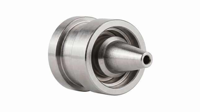 Shiny steel industrial machine nozzle component isolated on white background showing high precision engineering and smooth metallic silver surface textures
