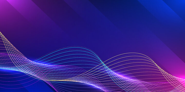 Abstract colorful wavy line background with dark blue gradient background. Design for futuristic technology software banner fintech and tech visual assets.