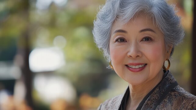 Elderly Asian woman with silver hair, wearing a stylish jacket, smiles warmly in a serene outdoor setting, surrounded by soft natural light and blurred greenery, conveying a sense of peace and wisdom